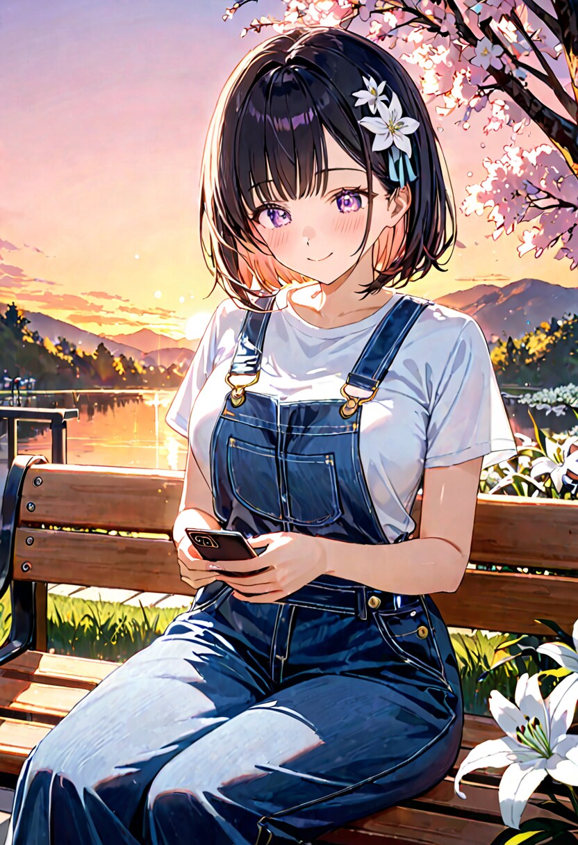 オーバーオールで夕陽の中スマホをいじるひまり