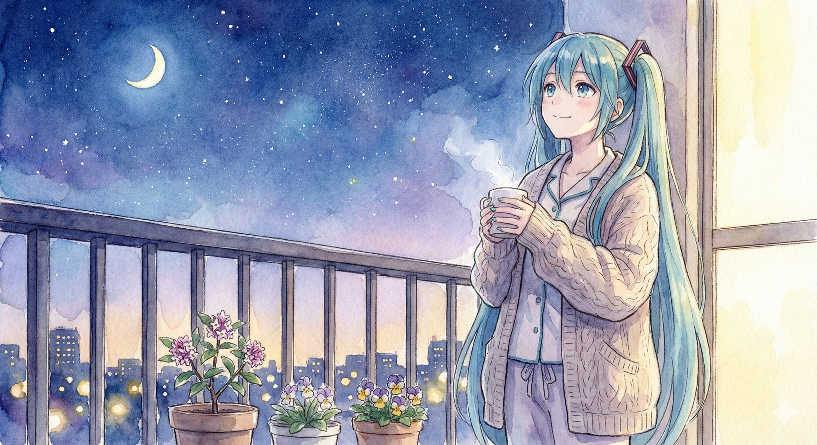 水彩画ミクさん　春宵の月とホットミルク | の人気AIイラスト・グラビア