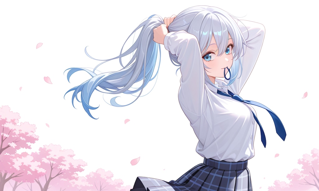 銀髪ちゃん桜舞い散る中で