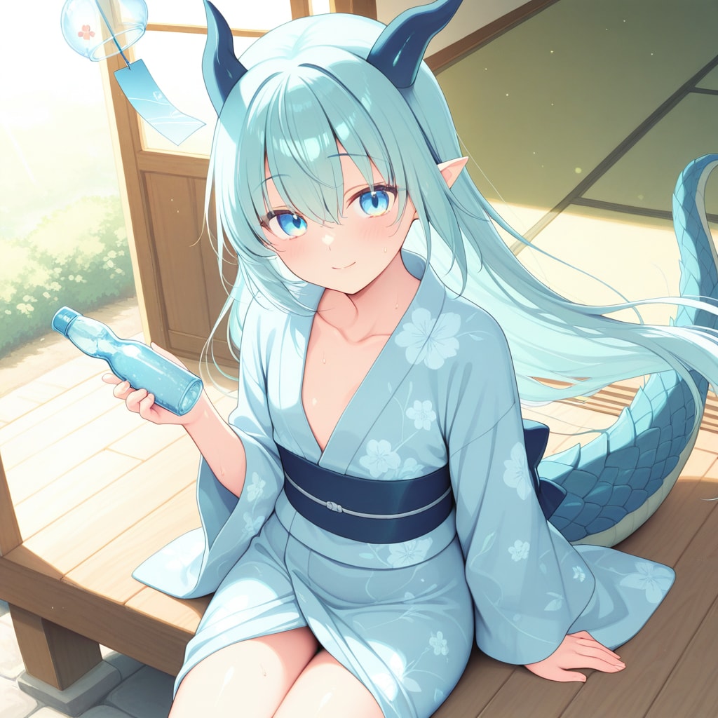 縁側でラムネを持った竜の女の子