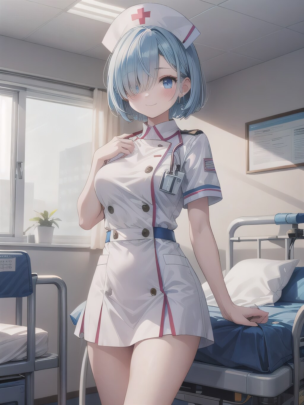 青髪ボブで白衣の少女