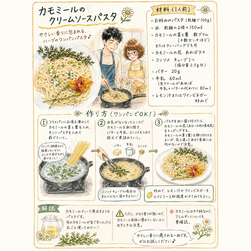 カモミールのクリームソースパスタ