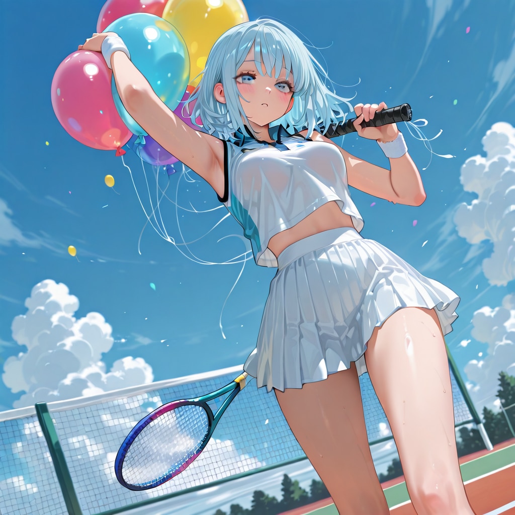 いっぱい色とりどりの風船を持つ水色髪ロングのテニスウェア着た美女 | の人気AIイラスト・グラビア