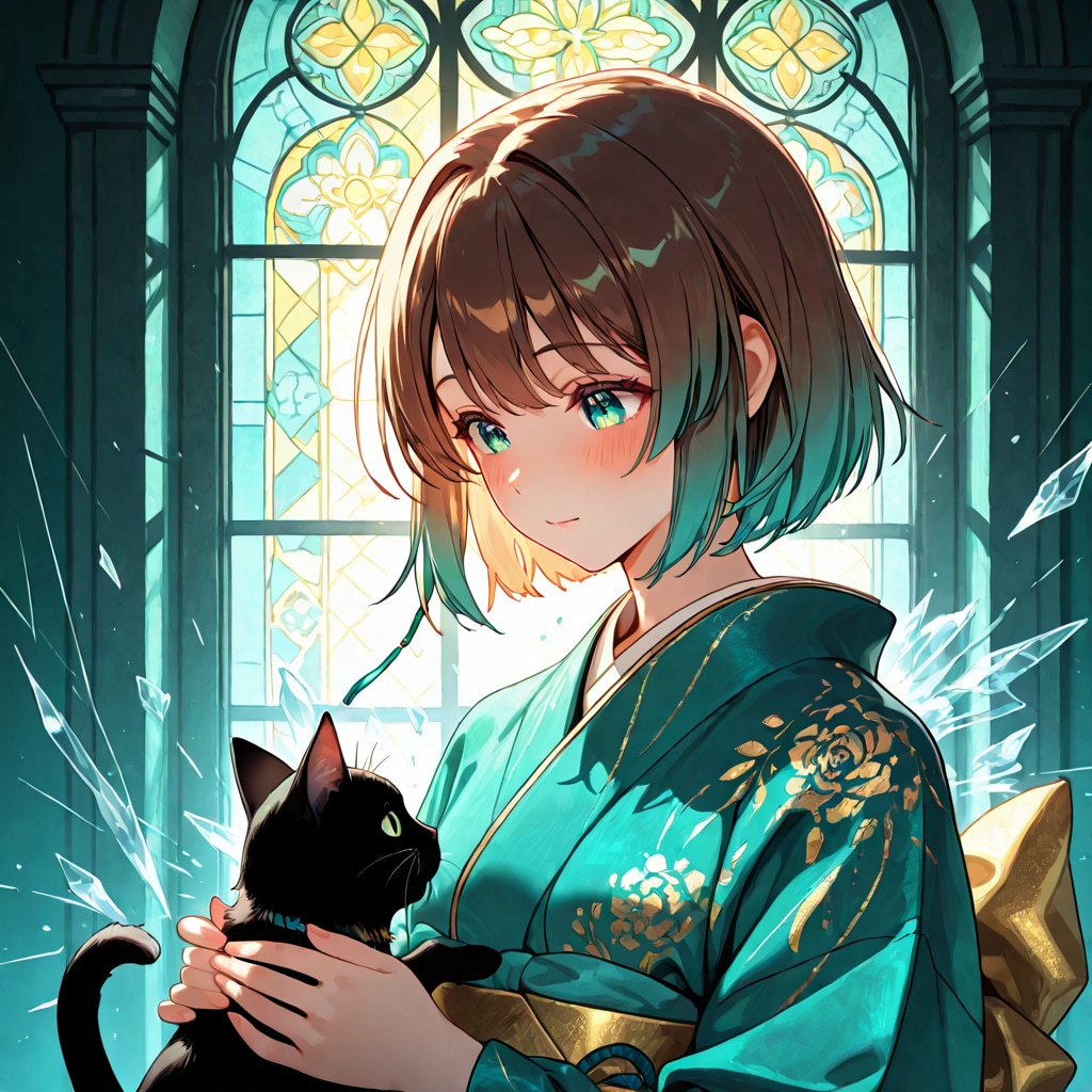 翠光と黒猫、静寂のステンドグラス | の人気AIイラスト・グラビア