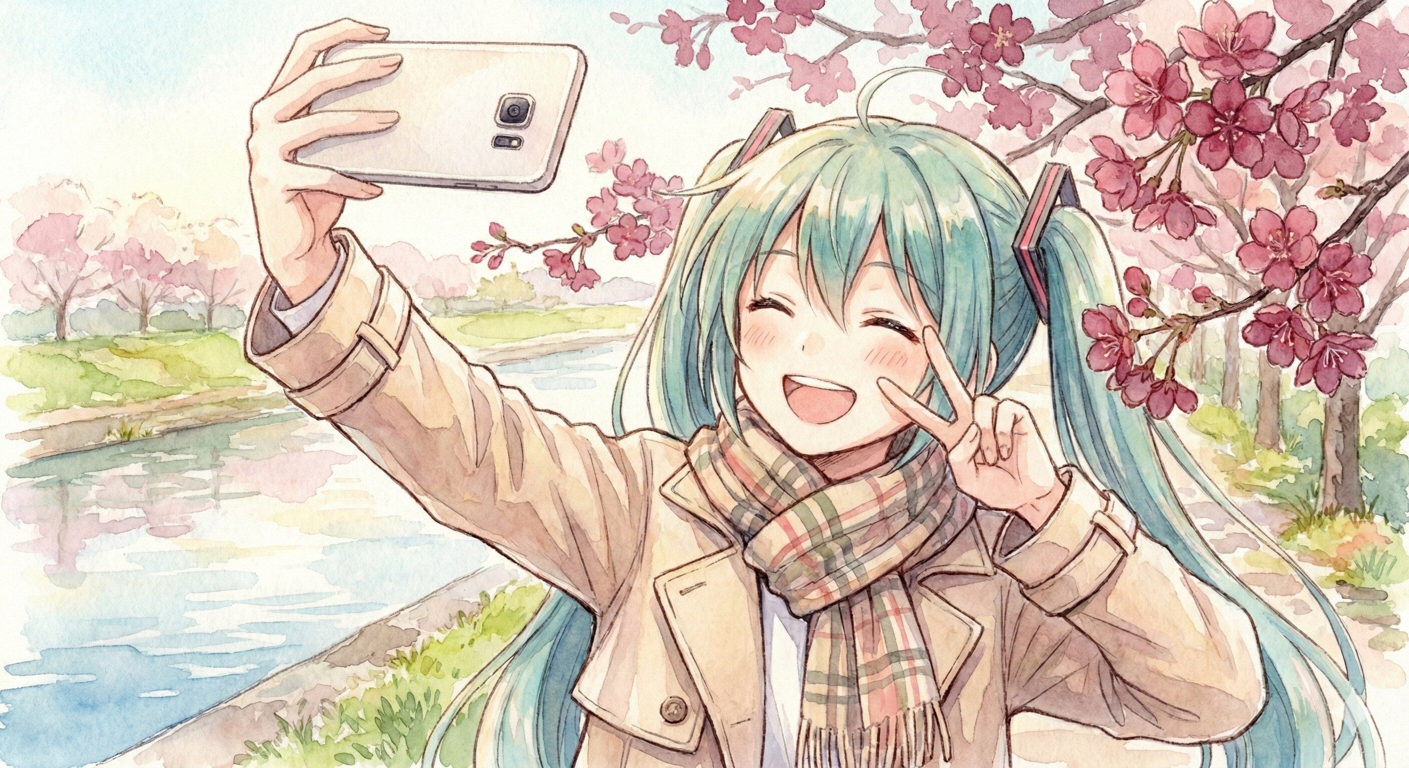 水彩画ミクさん　桜と、笑顔と、ハイ・チーズ！ | の人気AIイラスト・グラビア