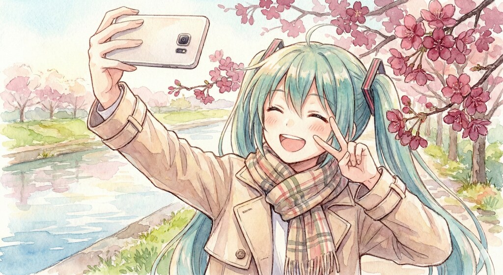 水彩画ミクさん　桜と、笑顔と、ハイ・チーズ！
