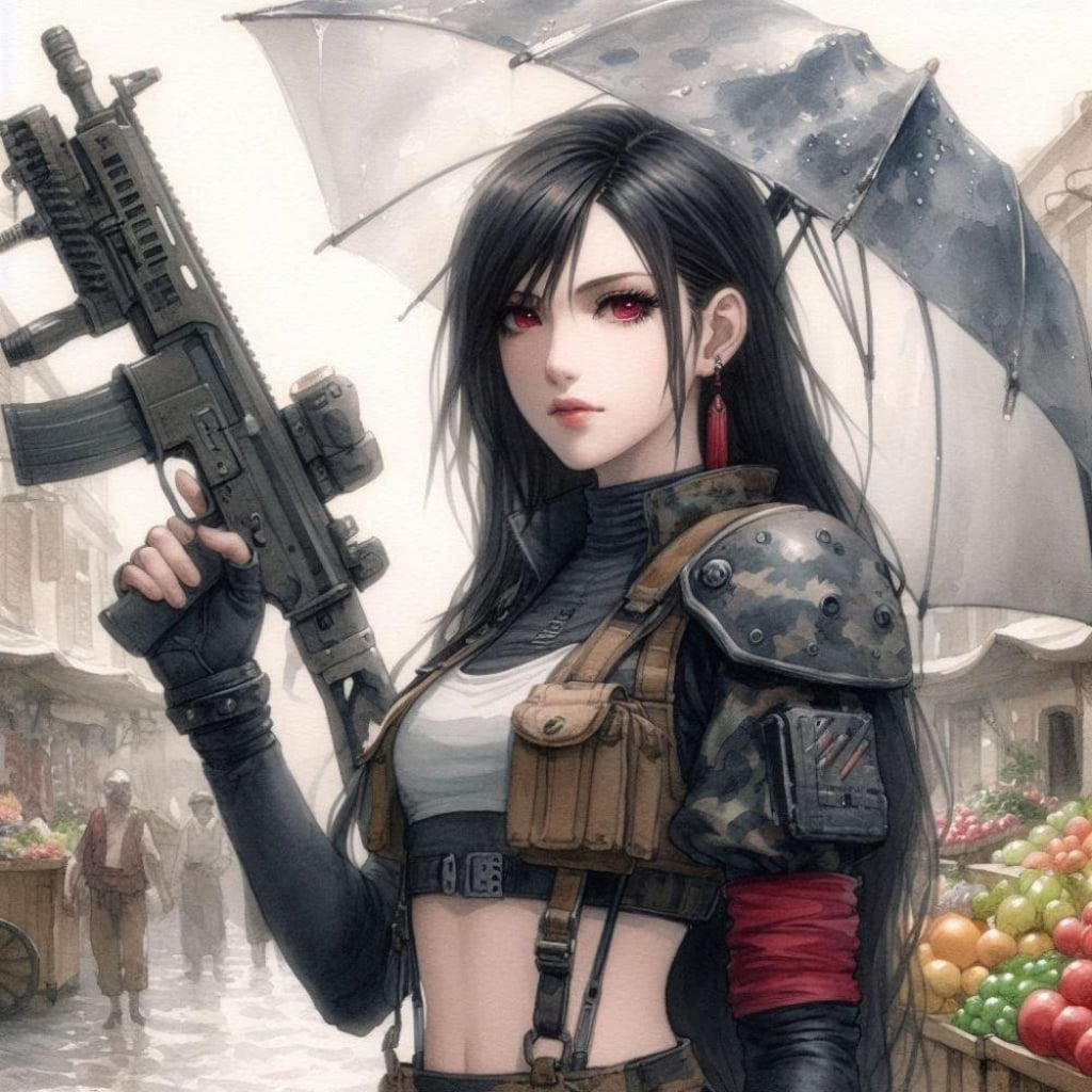 水彩アニメ風古代ギリシャ市場のタクティカル迷彩レインコートコスプレ人妻