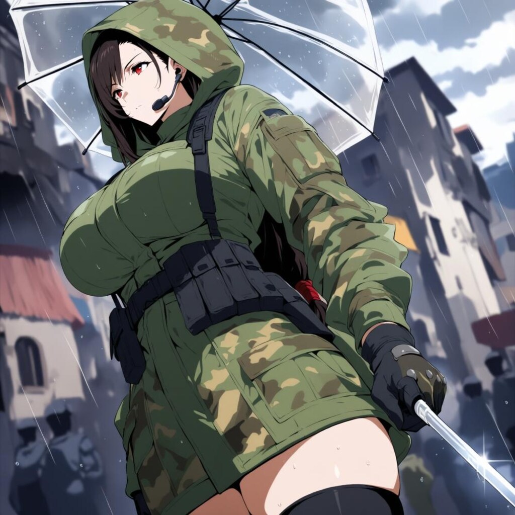 水彩アニメ風古代ギリシャ市場のタクティカル迷彩レインコートコスプレ人妻