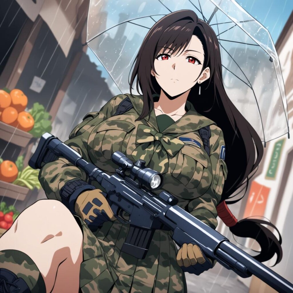 水彩アニメ風古代ギリシャ市場のタクティカル迷彩レインコートコスプレ人妻