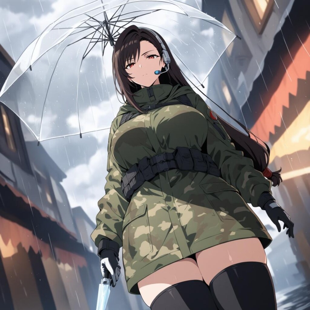 水彩アニメ風古代ギリシャ市場のタクティカル迷彩レインコートコスプレ人妻