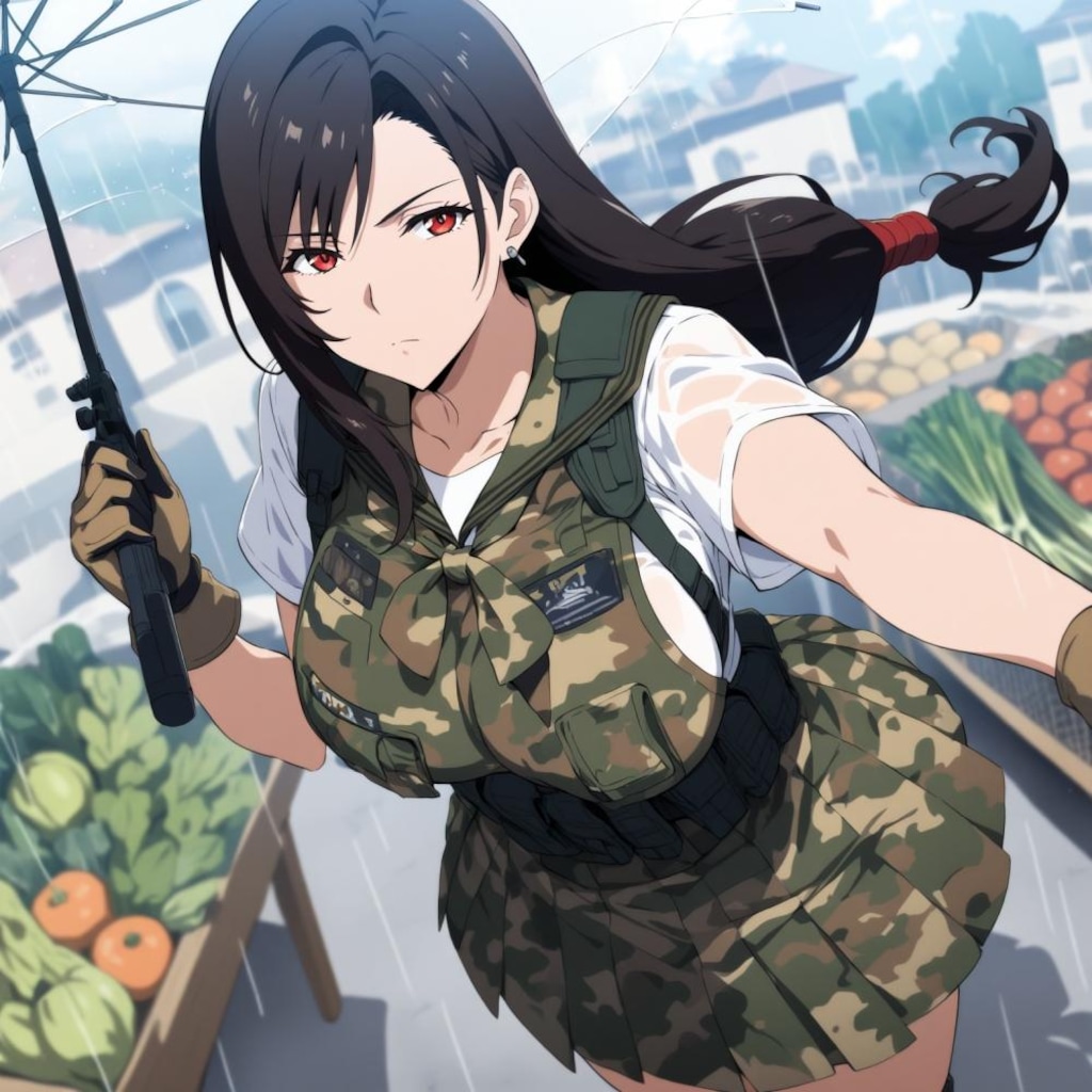 水彩アニメ風古代ギリシャ市場のタクティカル迷彩レインコートコスプレ人妻