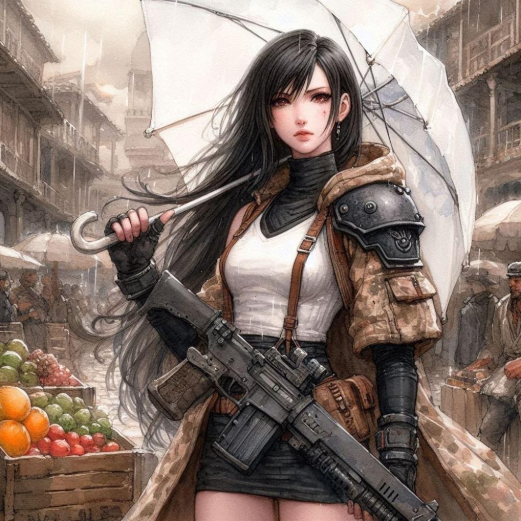 水彩アニメ風古代ギリシャ市場のタクティカル迷彩レインコートコスプレ人妻