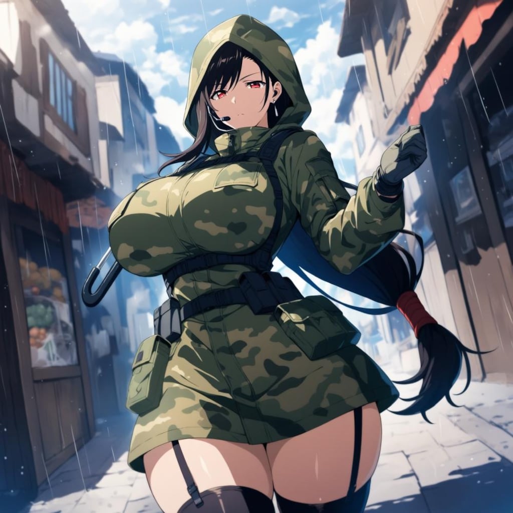 水彩アニメ風古代ギリシャ市場のタクティカル迷彩レインコートコスプレ人妻