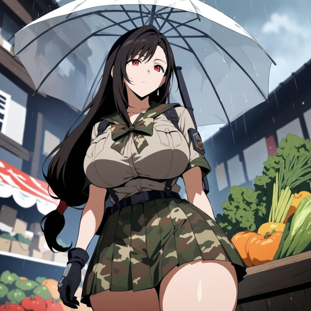 水彩アニメ風古代ギリシャ市場のタクティカル迷彩レインコートコスプレ人妻