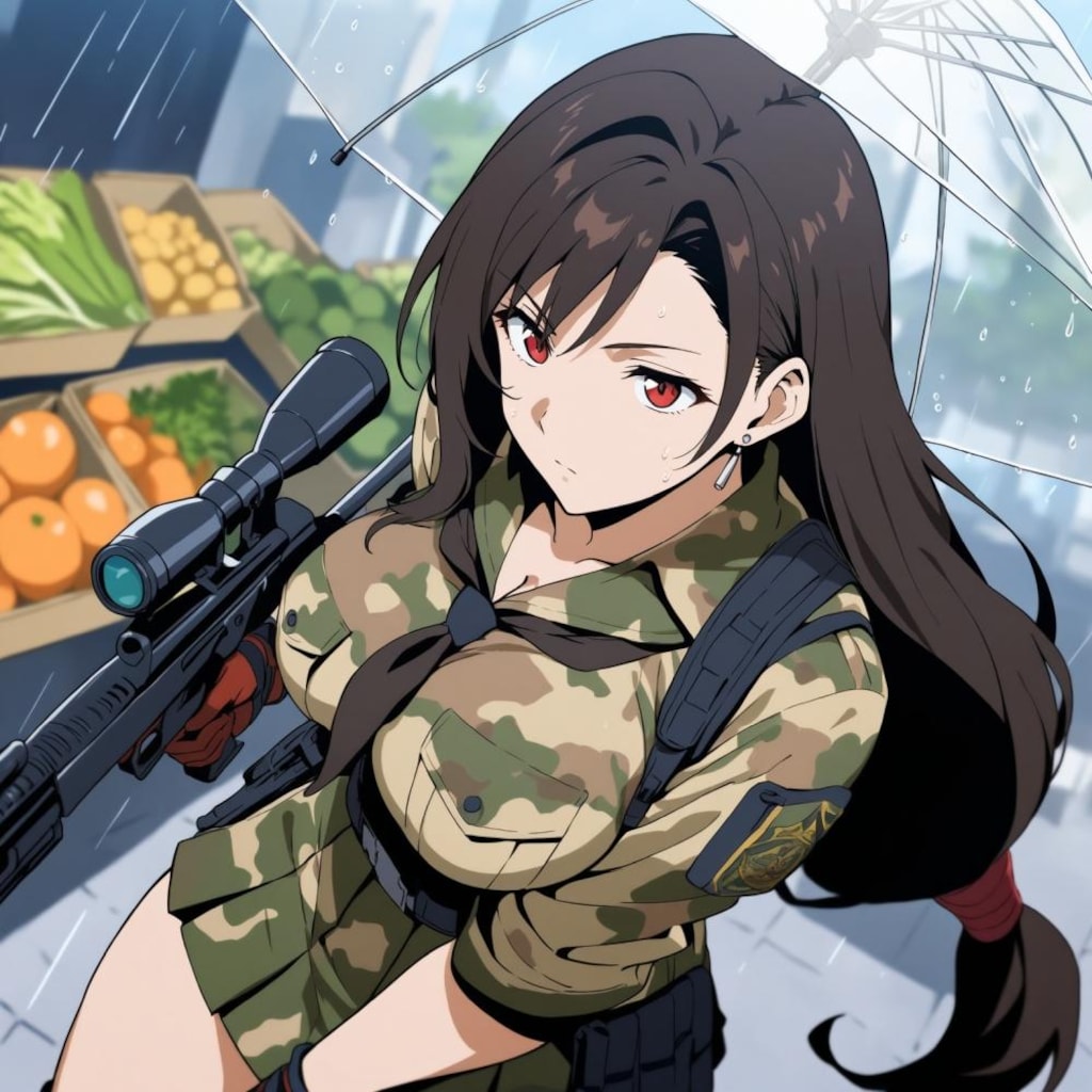 水彩アニメ風古代ギリシャ市場のタクティカル迷彩レインコートコスプレ人妻