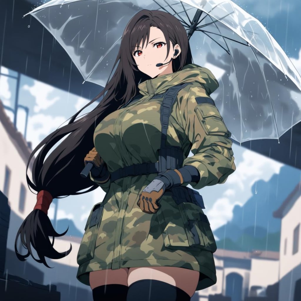 水彩アニメ風古代ギリシャ市場のタクティカル迷彩レインコートコスプレ人妻