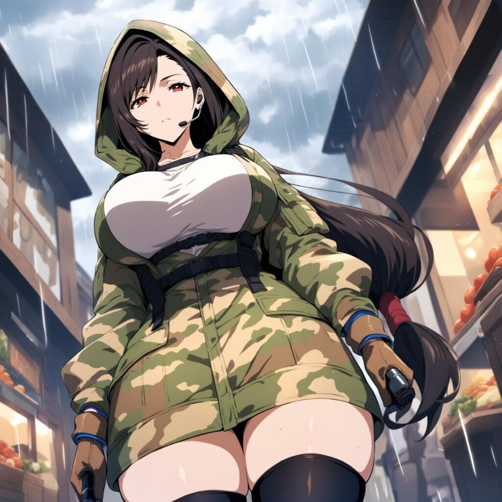 水彩アニメ風古代ギリシャ市場のタクティカル迷彩レインコートコスプレ人妻