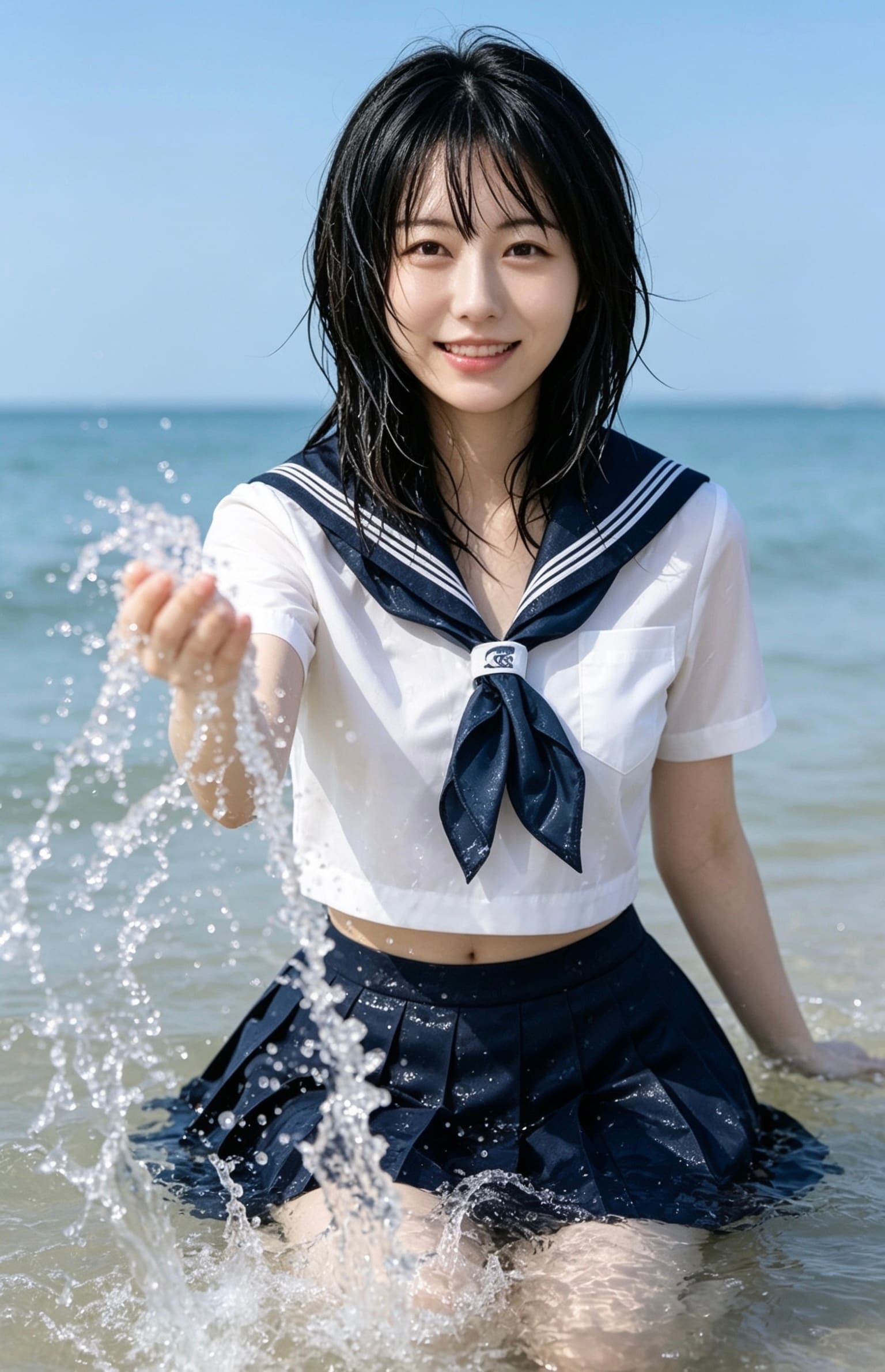 セーラー服着て海にいるお姉さん
