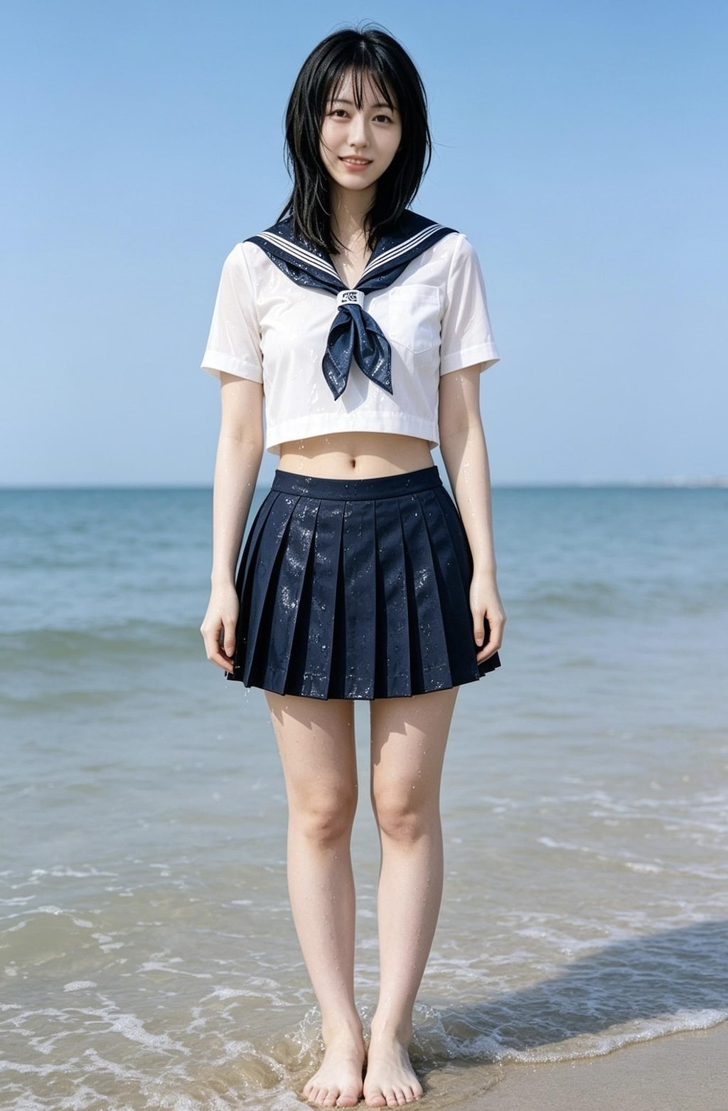 セーラー服着て海にいるお姉さん