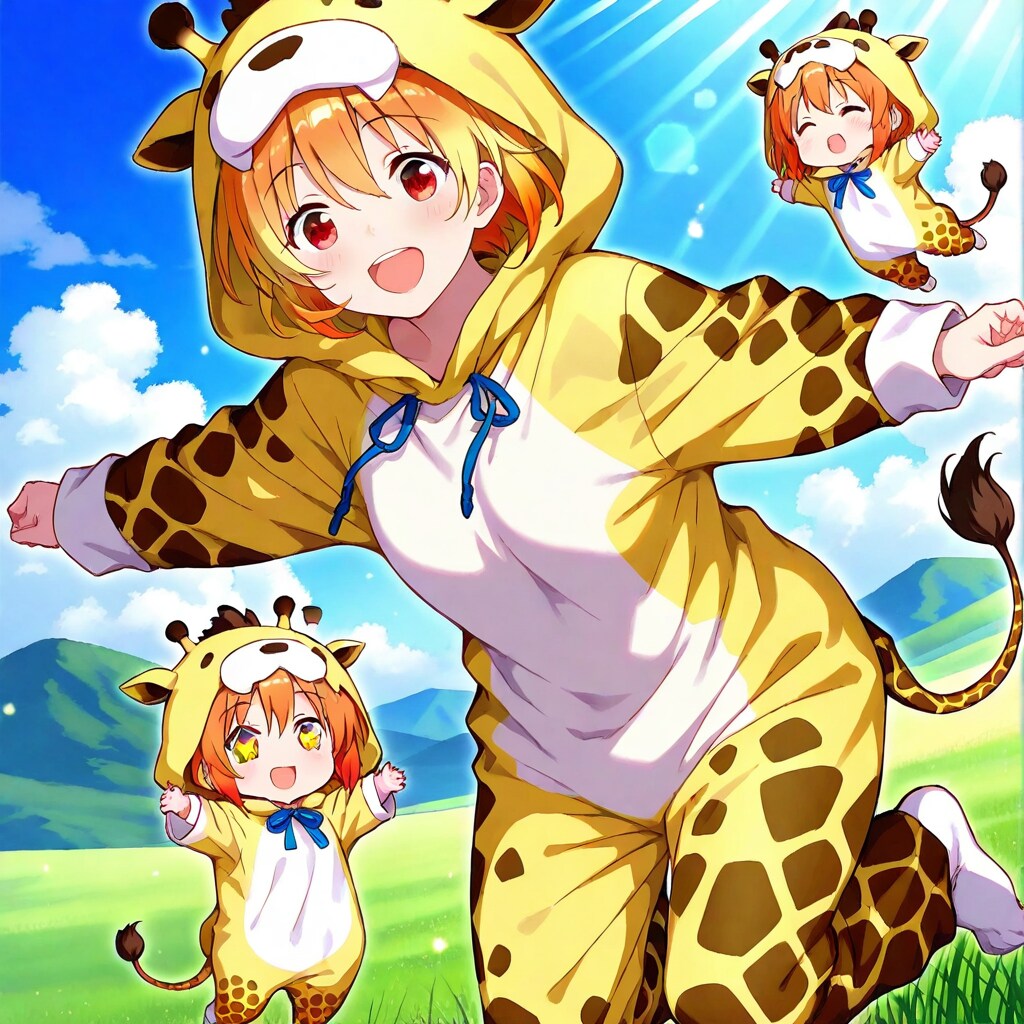 草原でジャンプするキリン着ぐるみお姉さんとちび子ちゃん