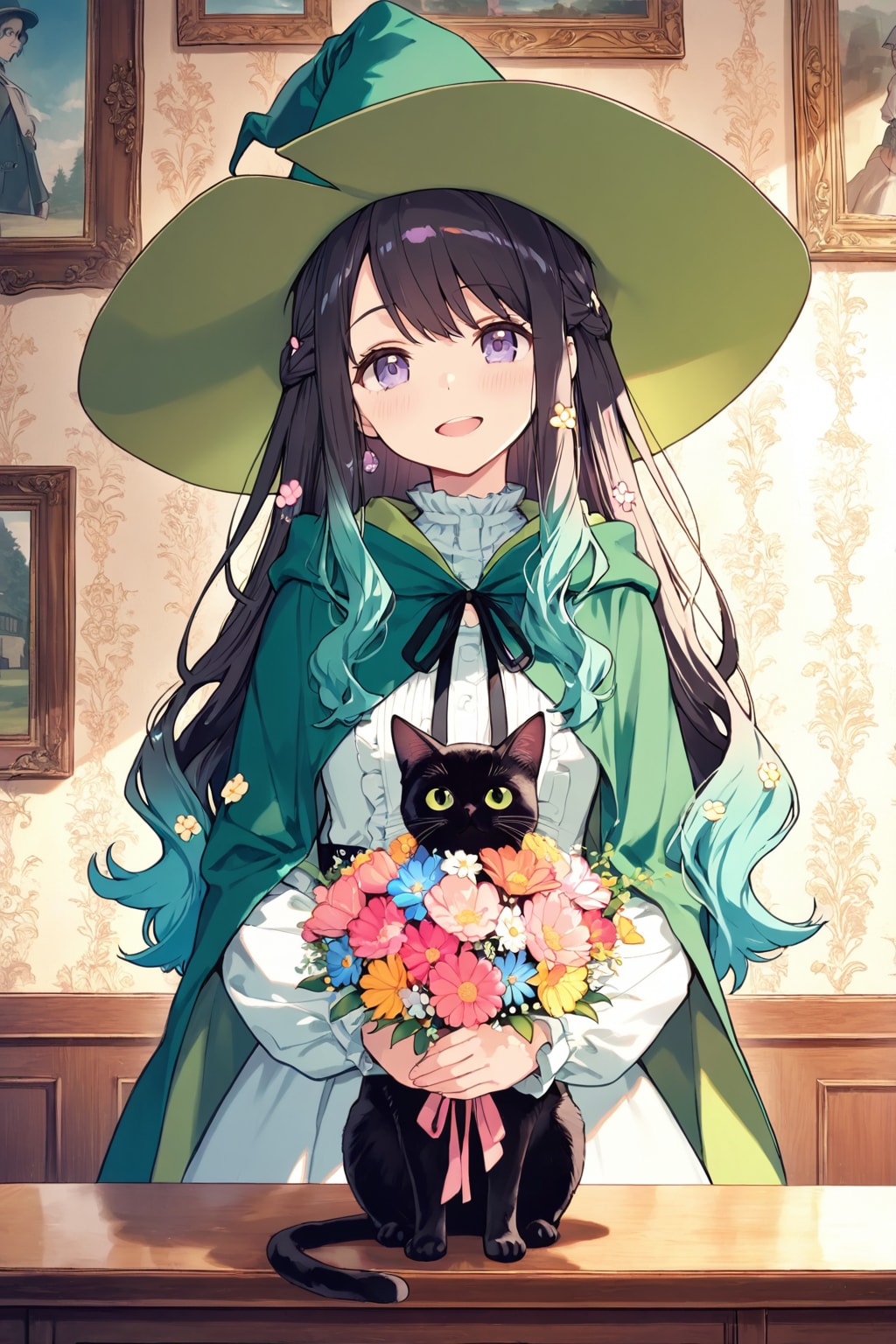 花を贈る魔女と黒猫 | の人気AIイラスト・グラビア