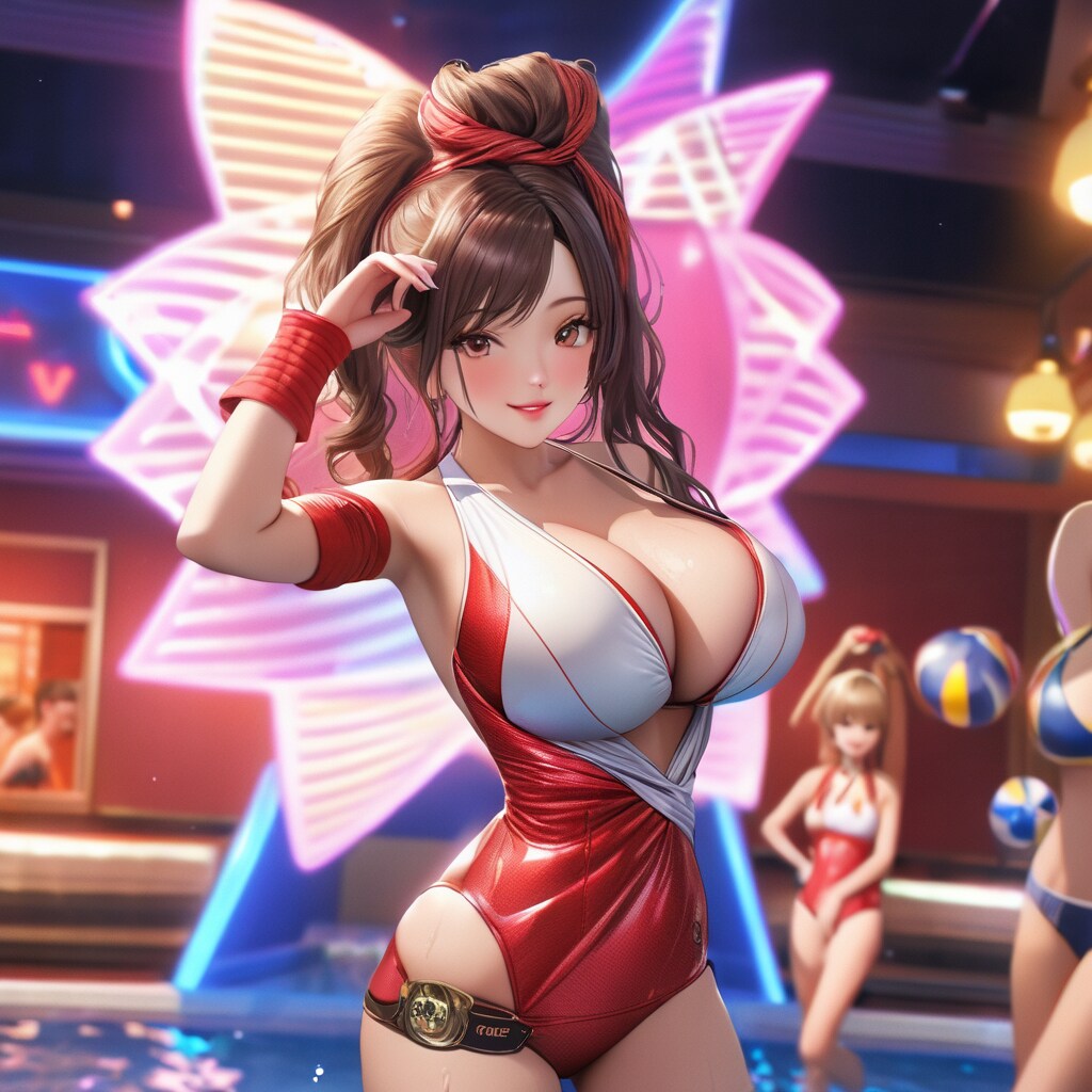 水着コンテストが終わった後にプールで遊ぶ美人モデル