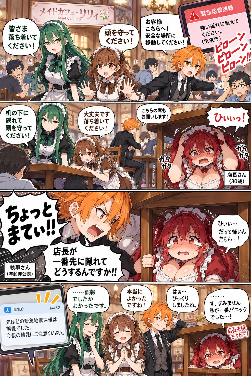 【ちょっとまてぃ！！】緊急地震速報！真っ先に隠れたのは店長さん！？ | の人気AIイラスト・グラビア
