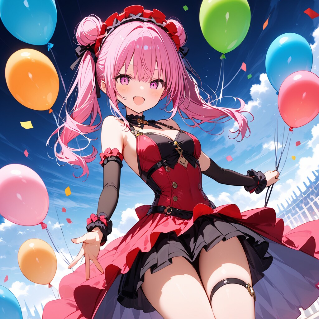 イベント会場いっぱいに風船を膨らませて遊ぶピンク髪の美少女。 | の人気AIイラスト・グラビア