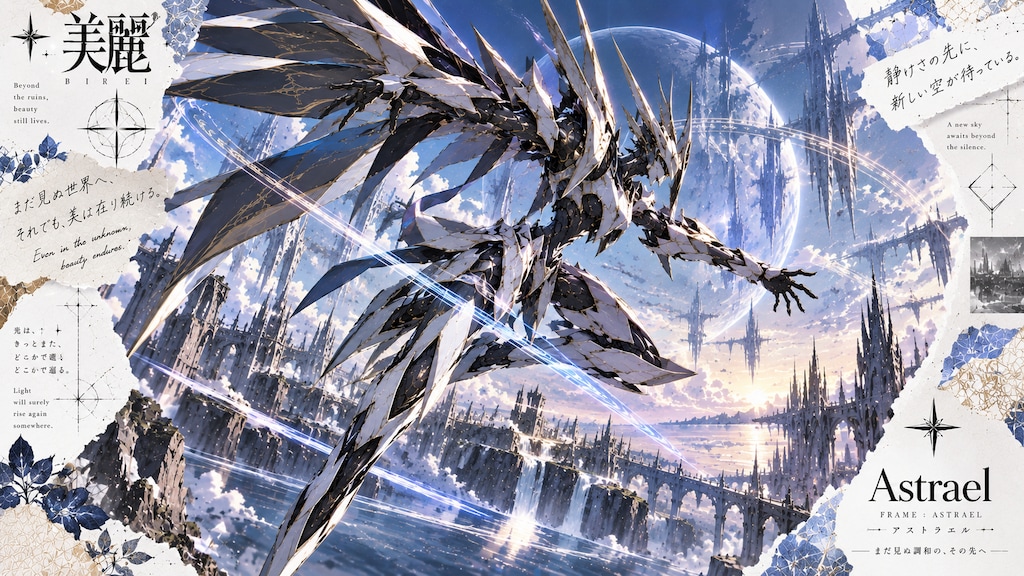 A blade-winged guardian streaking past a rising moon, light trailing above a drowned and silent city