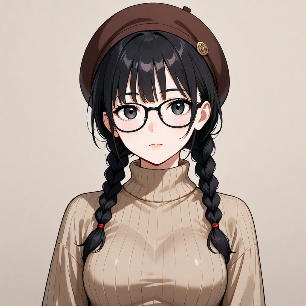おさげベレータートルネック黒縁からのミニスカブーツ