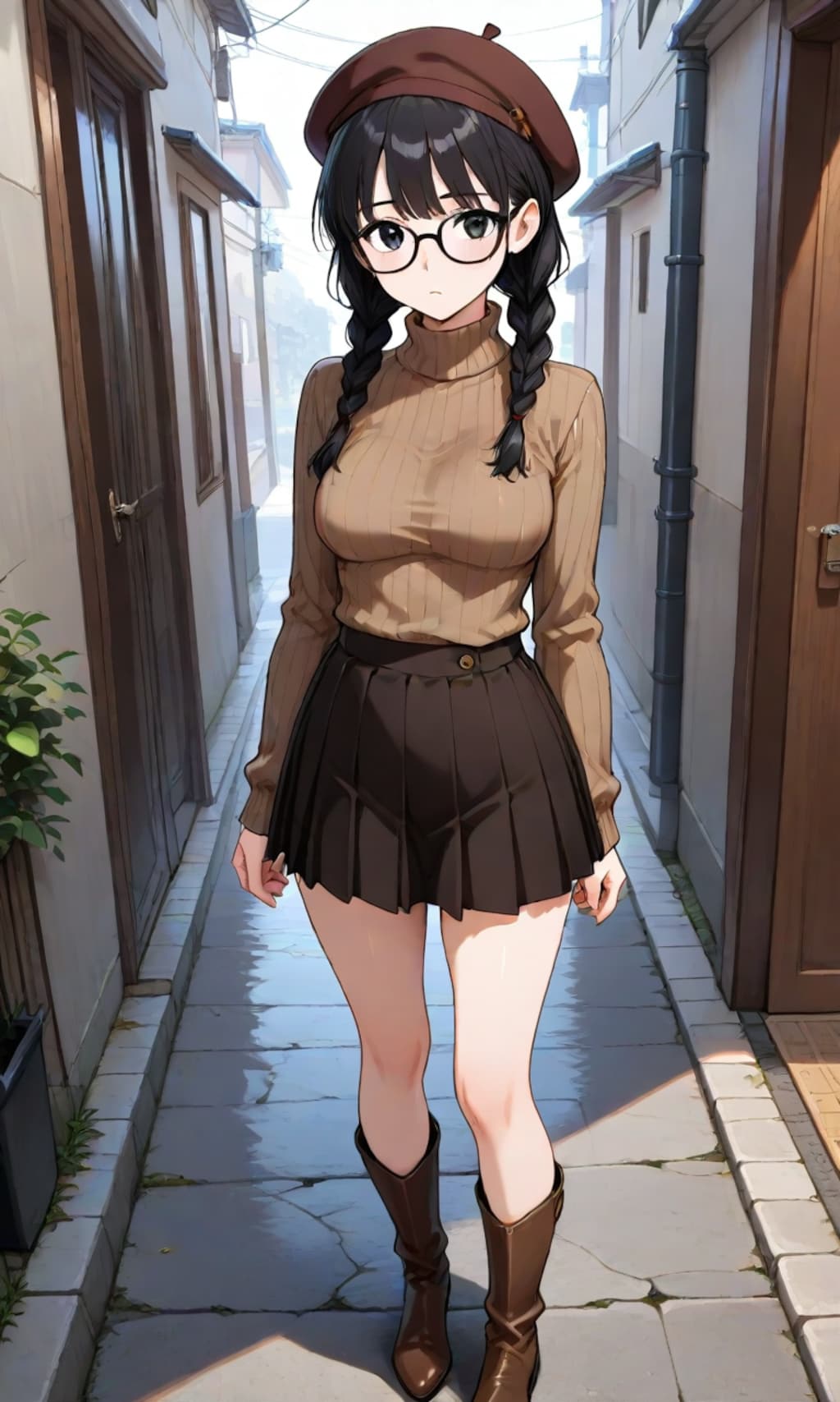 おさげベレータートルネック黒縁からのミニスカブーツ