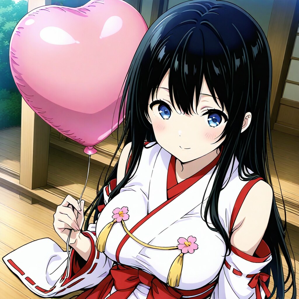 ピンクのハート風船を持つ黒髪ロングの巫女服の美女