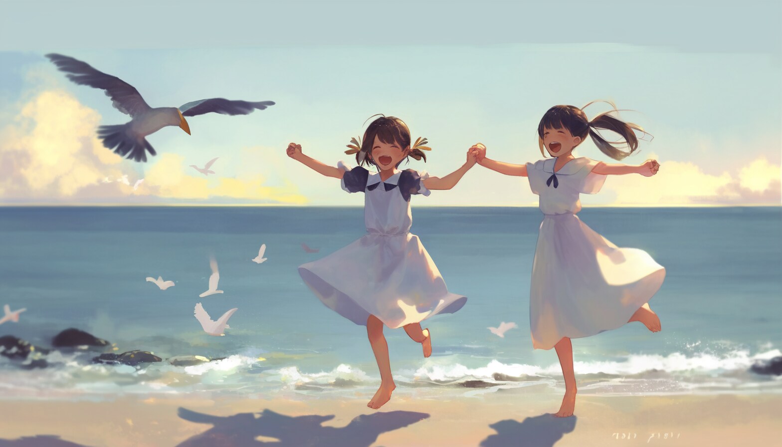 海岸で遊ぶ少女たち