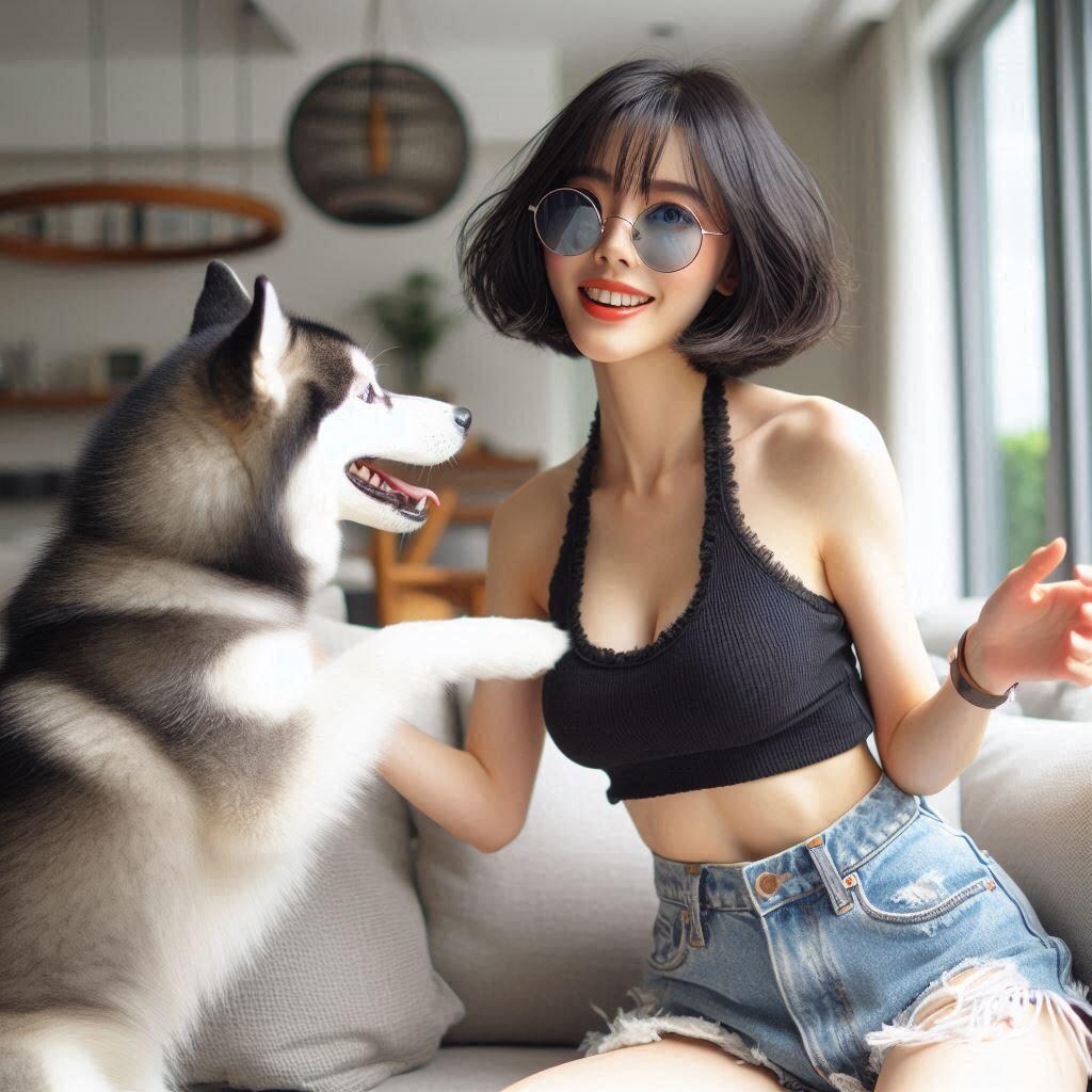 お家でハスキーとモフモフしている風水師ちゃん