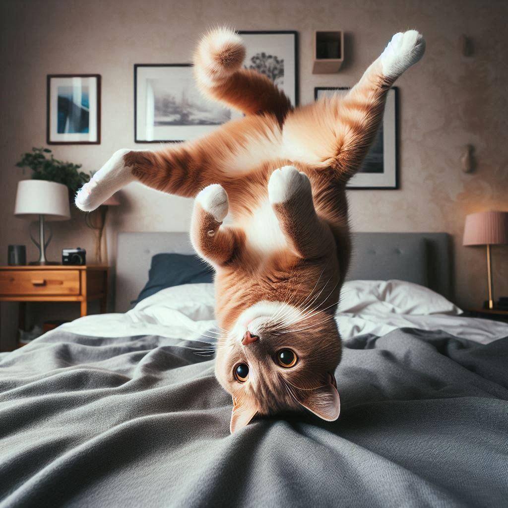 ベッドで跳ね回る猫