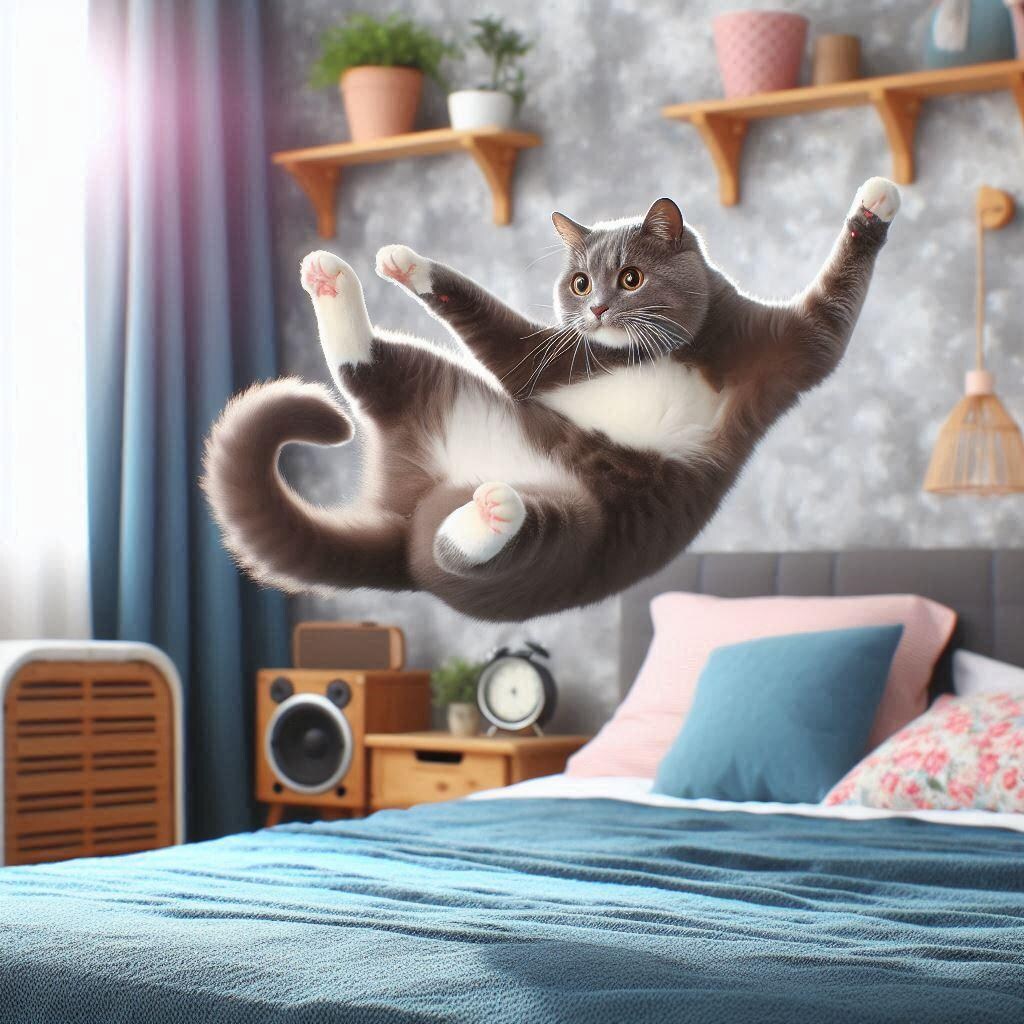 ベッドで跳ね回る猫