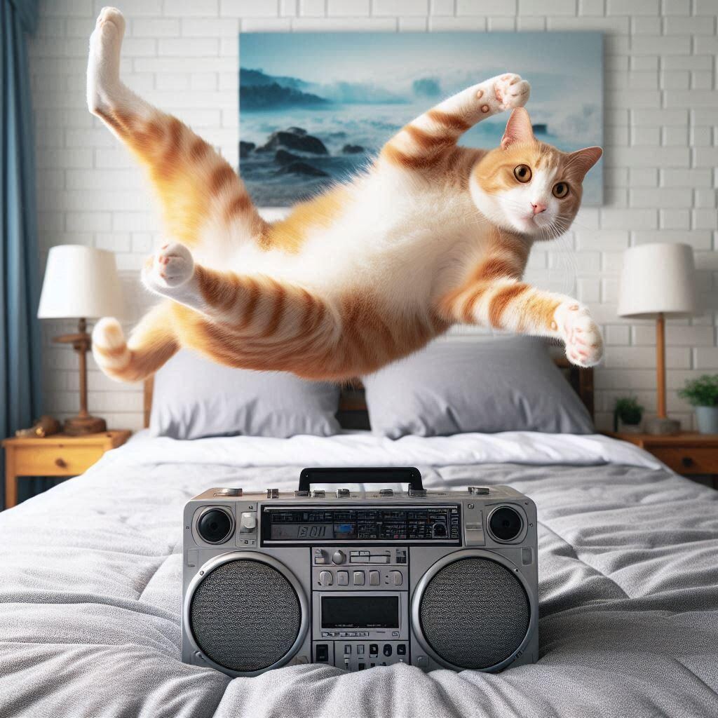 ベッドで跳ね回る猫