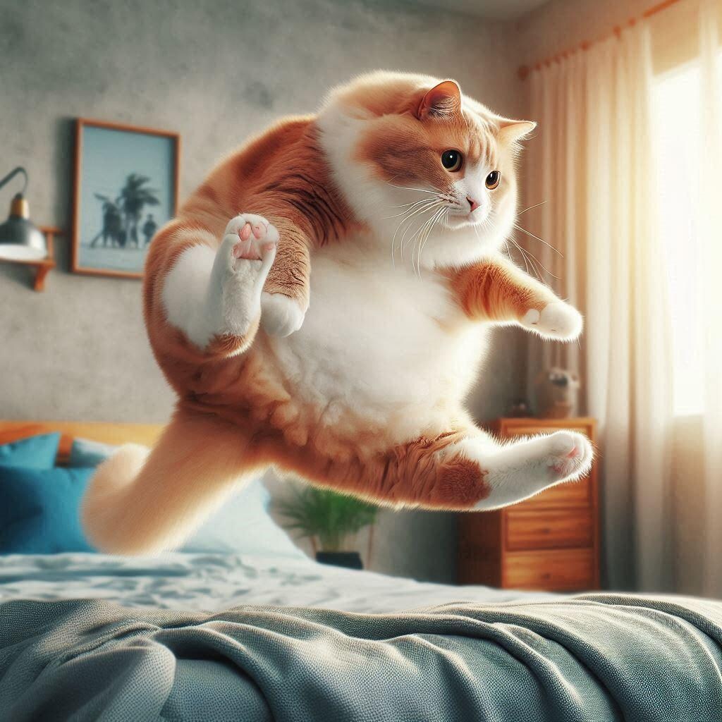 ベッドで跳ね回る猫