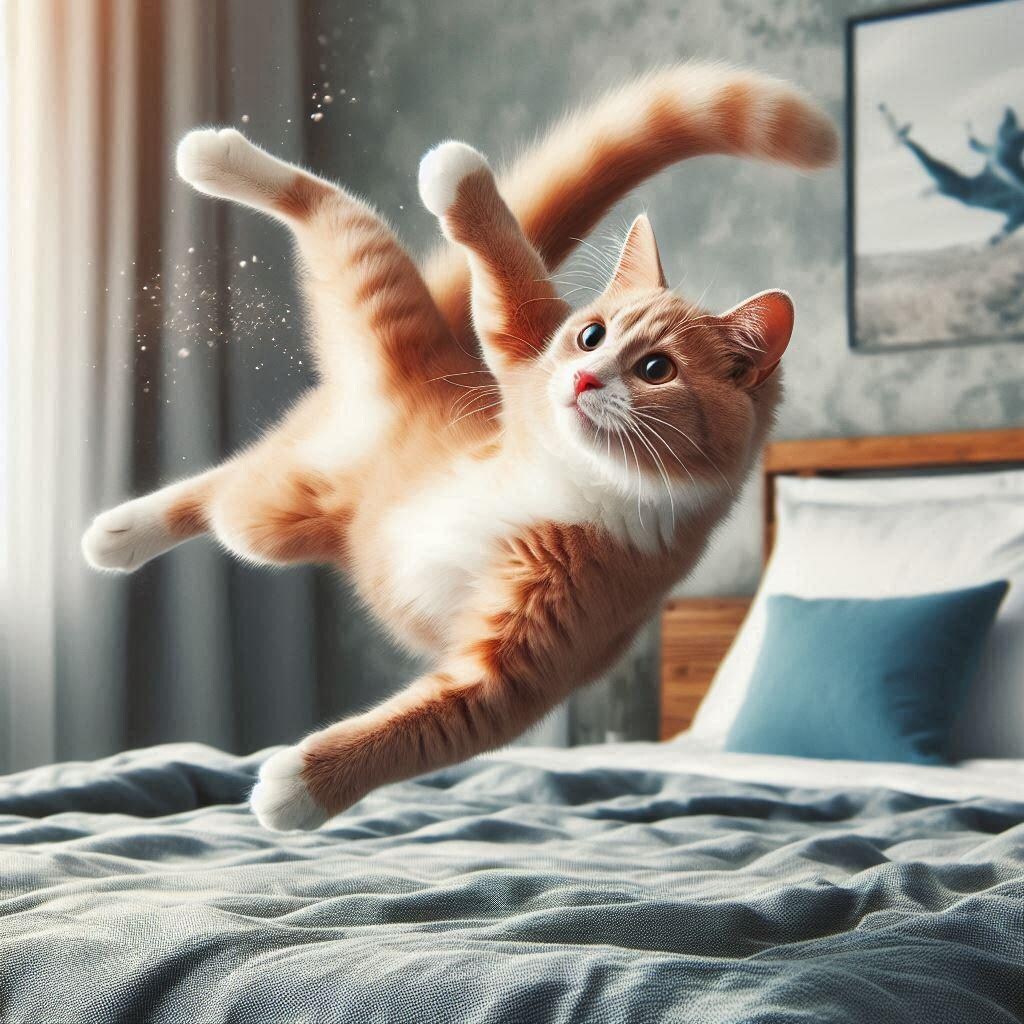 ベッドで跳ね回る猫