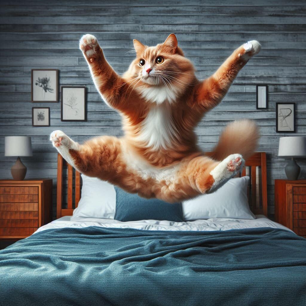 ベッドで跳ね回る猫