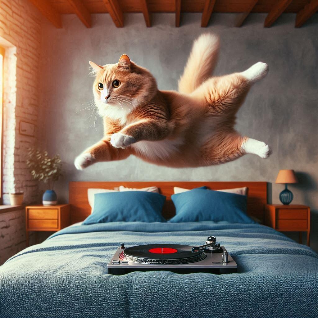 ベッドで跳ね回る猫