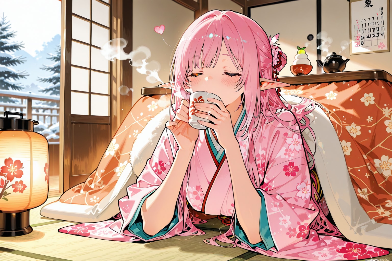 甘酒を飲むエルフの女の子 | の人気AIイラスト・グラビア