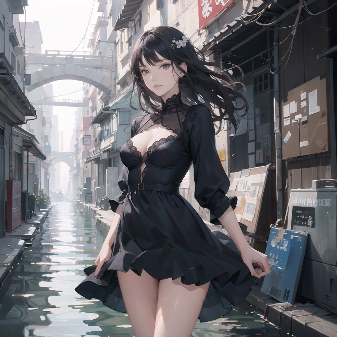 冠水した路地裏