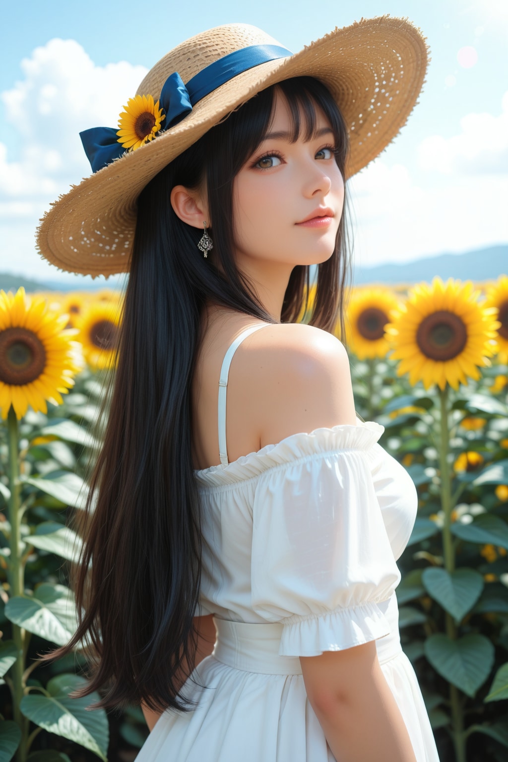 向日葵と麦わら帽子の女の子