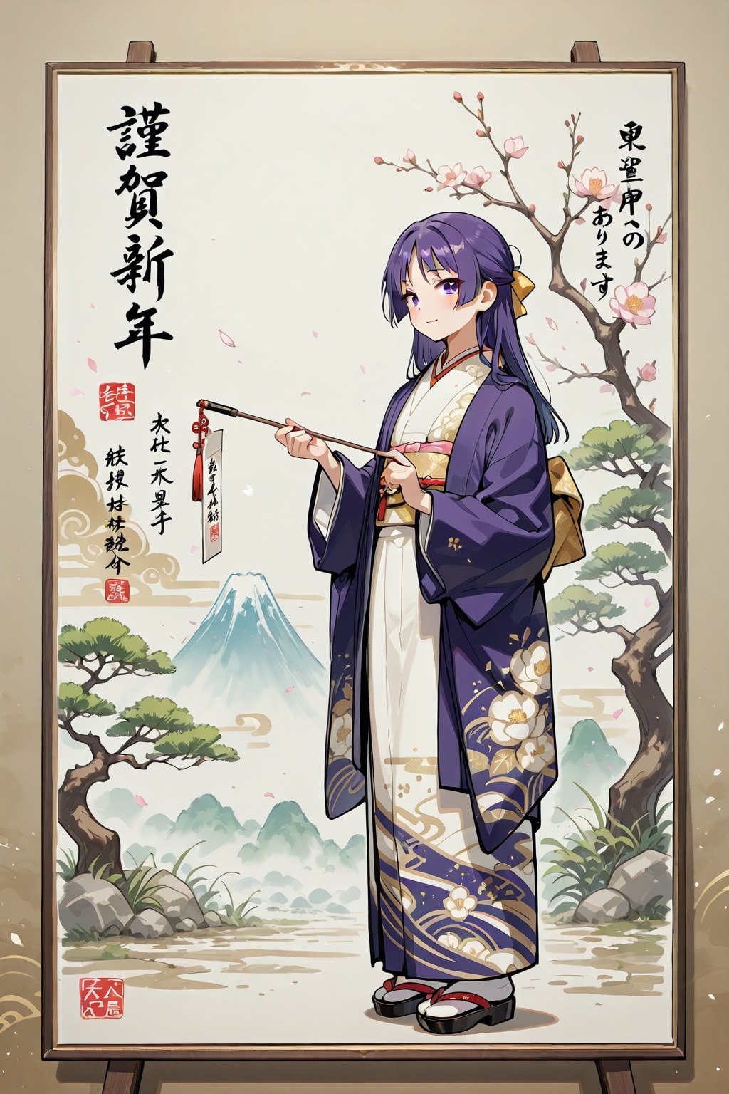 「甘酒に酔いしなだれる小野小町」の全身写真の日本画