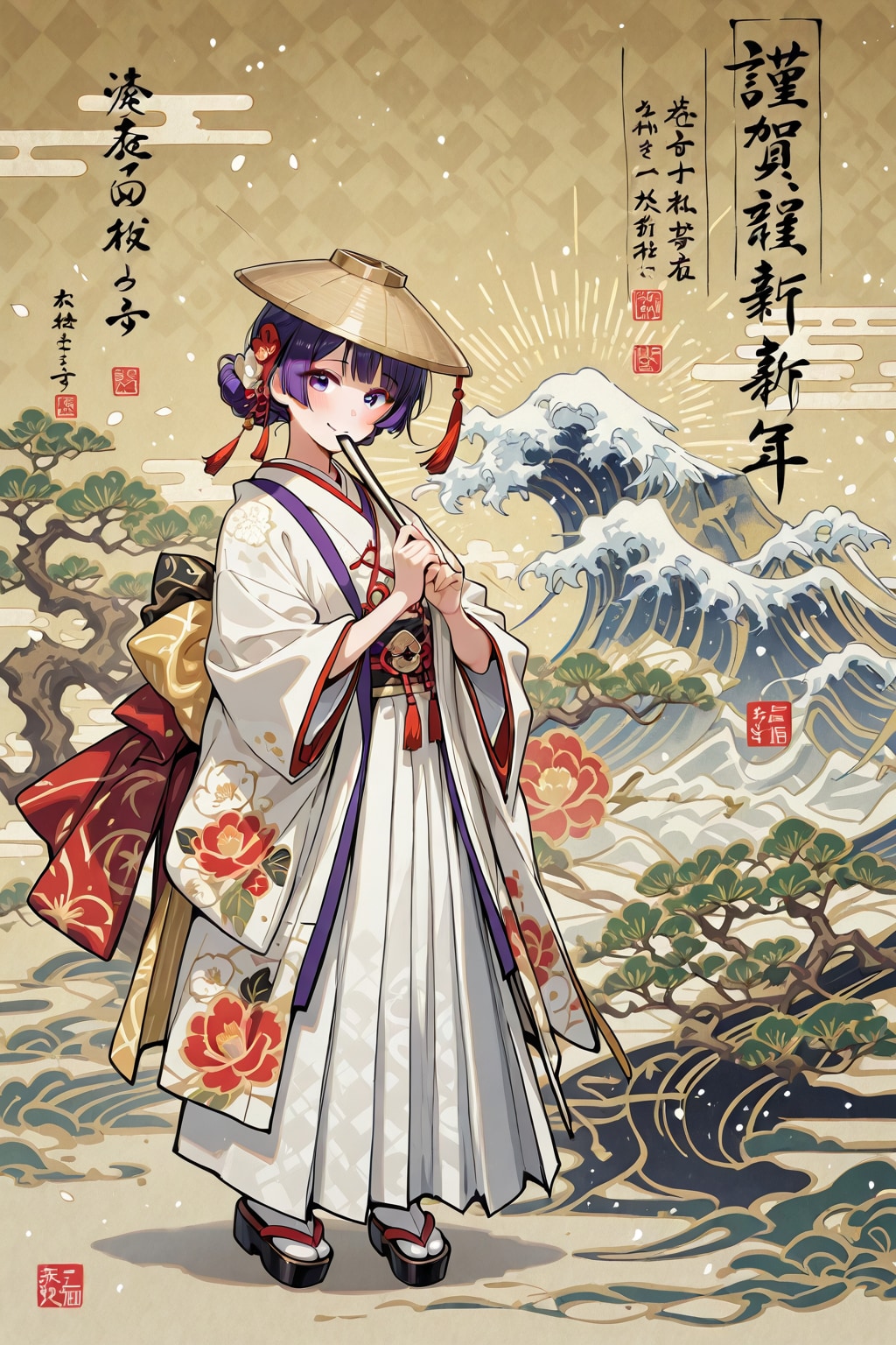 「甘酒に酔いしなだれる小野小町」の全身写真の日本画 | の人気AIイラスト・グラビア