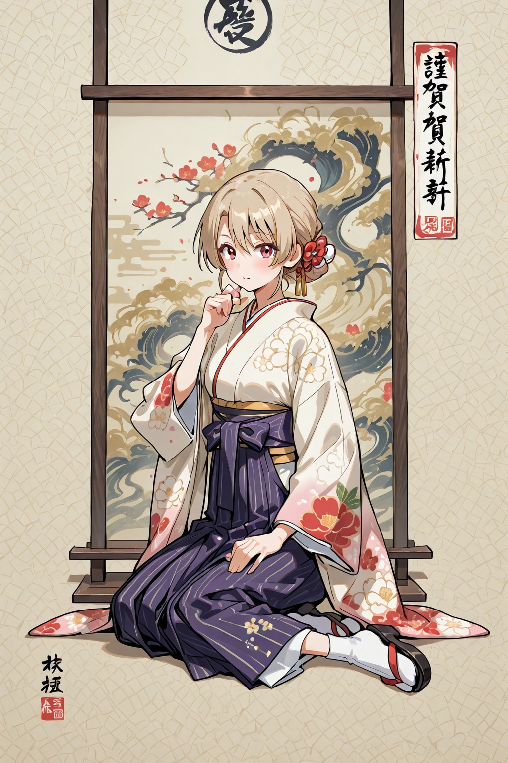 「甘酒に酔いしなだれる小野小町」の全身写真の日本画