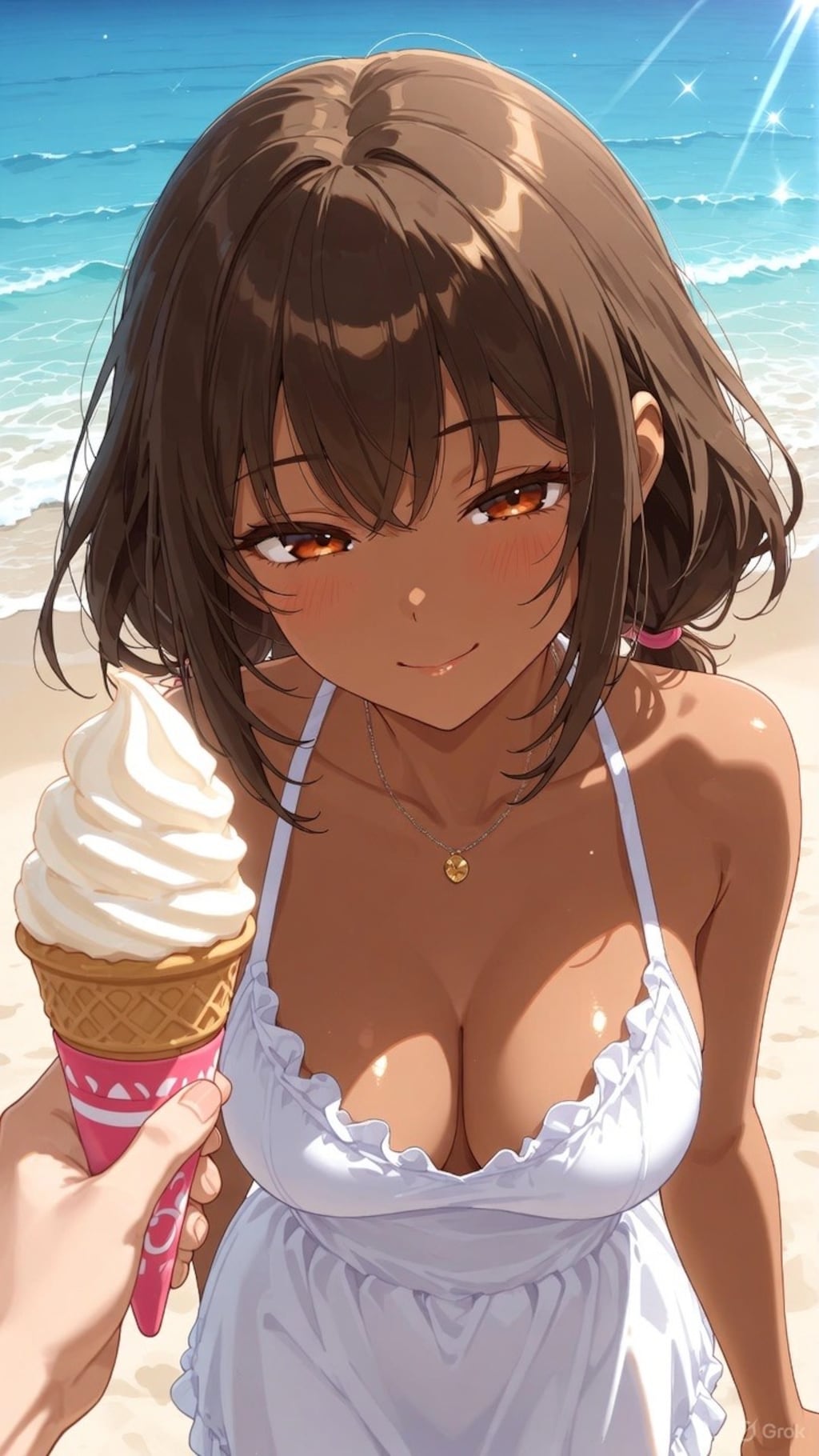 褐色ちゃんにアイスあげる