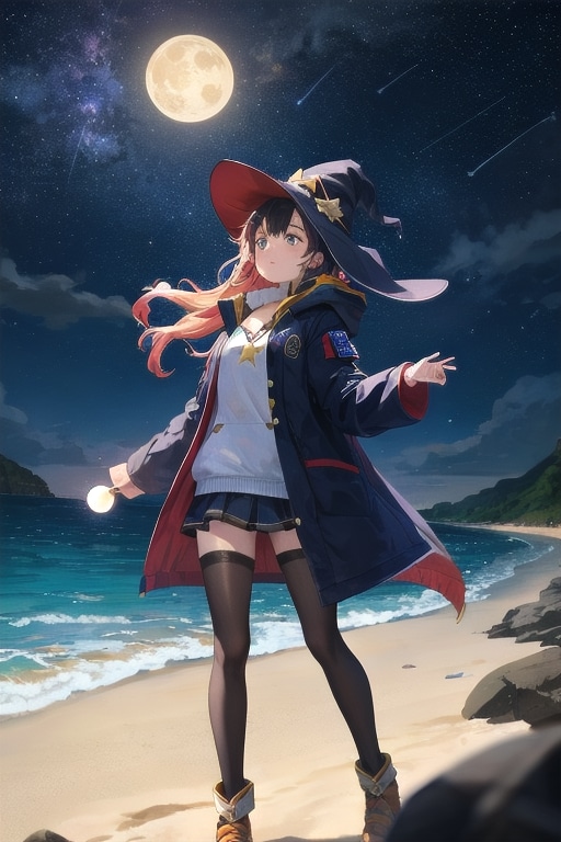 砂浜の魔女と月夜 | の人気AIイラスト・グラビア