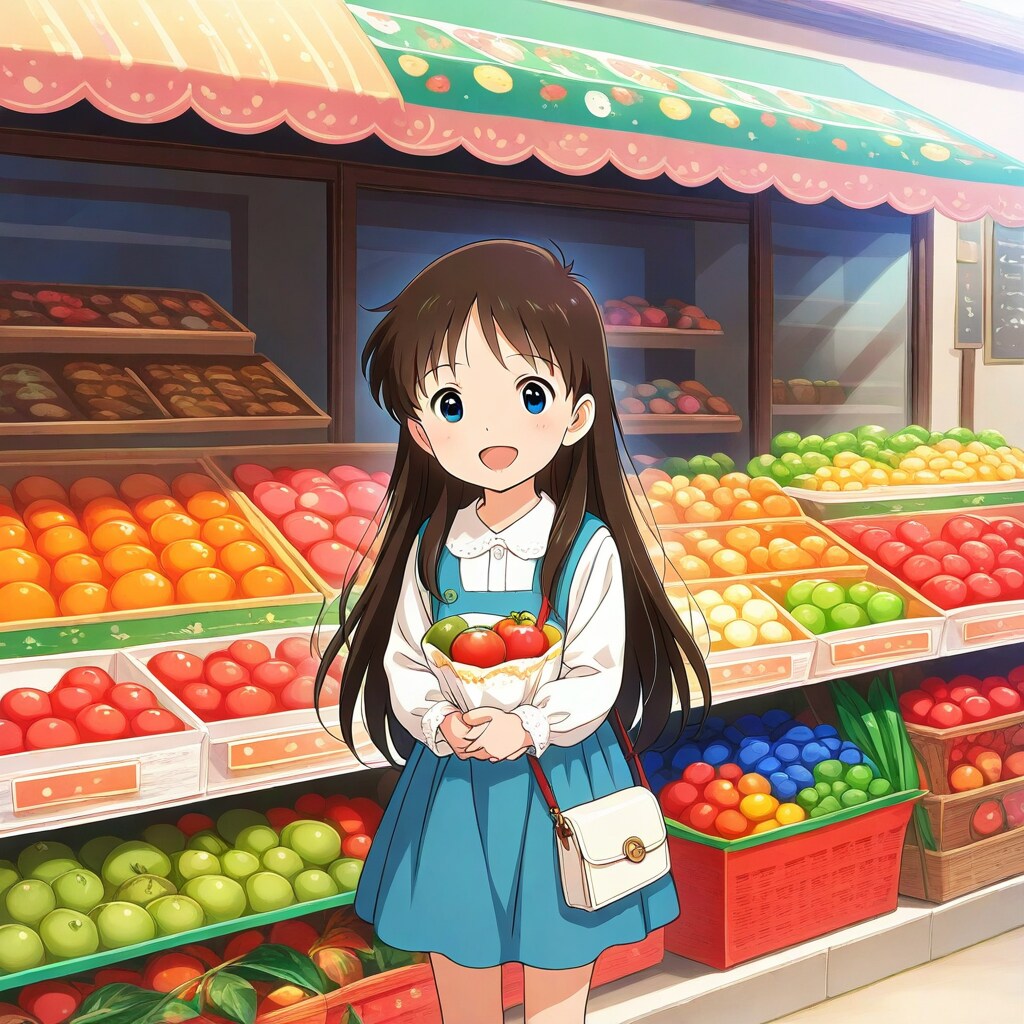 市場で買い物をする小さな女の子